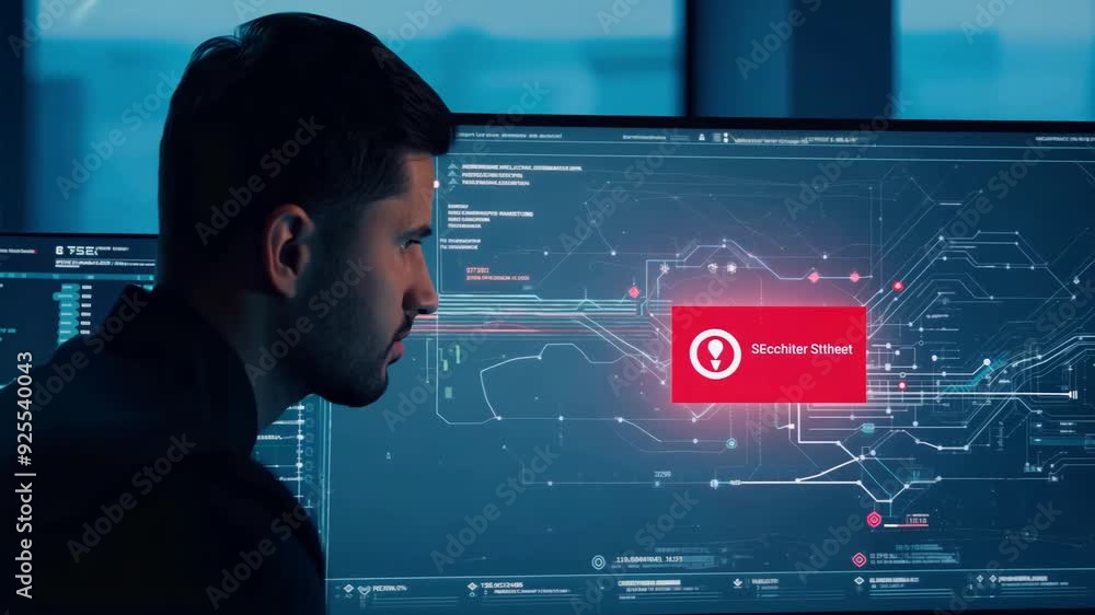 Poster a professional examines intricate data on a high-resolution screen while immersed in a modern worksp