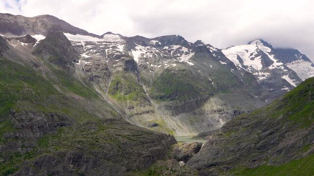 Austrias highest mountain peak, the 3,798-meter, high Grossglockner, covered in unmelted snow. Hohe Tauern National Park