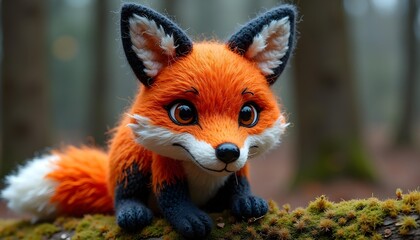 Fototapeta premium A close-up of a young, orange-furred fox with large, alert eyes and pointed ears sitting on moss-covered ground