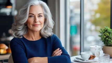 A confident silver-haired woman in a café setting, wearing a blue top with arms crossed, presents a serene and assured expression, embodying grace and wisdom in a modern scene.