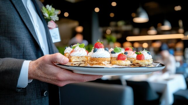 A waiter elegantly serving assorted desserts with cream and fresh berries on a plate, in a fine dining restaurant setting with a focus on the beautifully presented pastries.