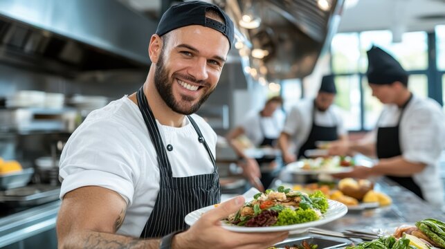 A happy chef in a professional kitchen proudly holds and displays a well-prepared meal adorned with greens, with other chefs busily working in the background.