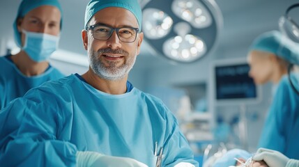 A smiling surgeon wearing scrubs, gloves, and glasses stands confidently in the operating room with fellow medical staff, preparing for a surgical procedure.