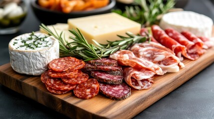 A wooden platter is artfully arranged with a variety of cured meats, cheeses, and garnishes, representing a delicious and visually appealing charcuterie board.
