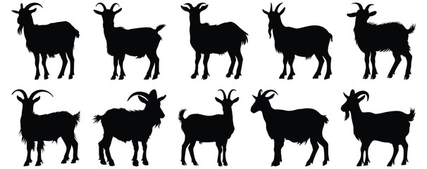 Goat silhouettes set, animal pack of vector silhouette design, isolated background