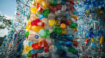 Fototapeta premium Plastic bottles can be crushed and stacked to form a tower. This helps recycle plastic.