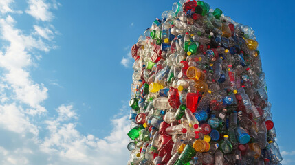 Obraz premium Plastic bottles can be crushed and stacked to form a tower. This helps recycle plastic.