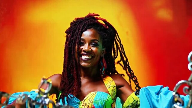 Strong powerful black woman breaking free from chains. Black history month, slavery, slave trade or abolition concept. Banner for juneteenth, black history month or keti koti. Freedom Day