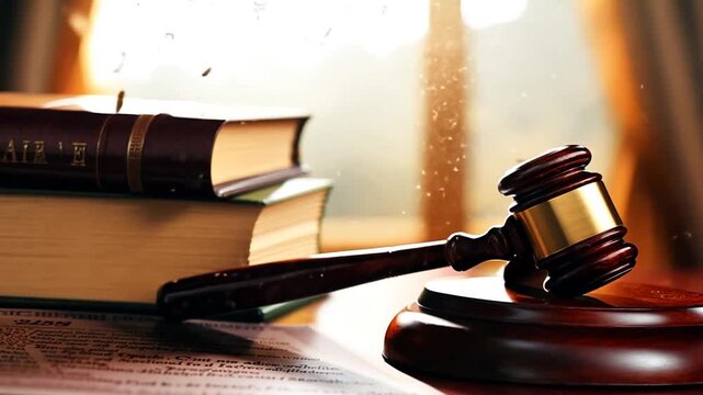 Close-up of Judge's Gavel Resting Beside Law Books in Office Generative AI