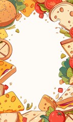 Obraz premium Cute Cartoon Frame with Cheese, Bread, and Snacks on a Transparent Background, Featuring Colorful Design with Blank White Space in the Middle