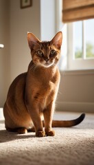 An elegant Abyssinian cat lounges on a softly lit carpet, basking in the warm sunlight streaming through a nearby window, exuding poise and alertness