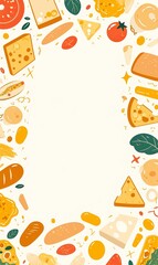 Cute Cartoon Frame with Cheese, Bread, and Snacks on a Transparent Background, Featuring Colorful Design with Blank White Space in the Middle