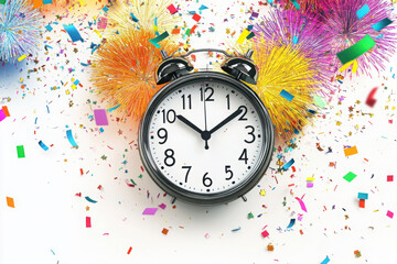 Alarm clock showing midnight surrounded by colorful fireworks and confetti, symbolizing the celebration of New Year's Eve