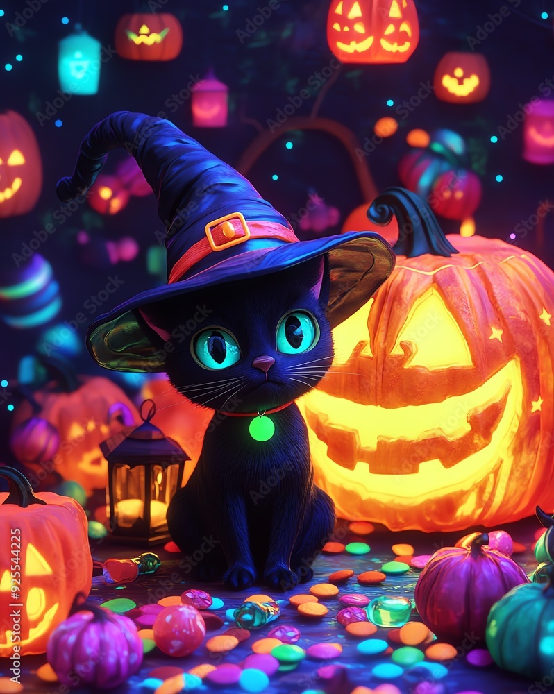 Wall mural a cartoon style illustration of a black cat wearing a witches hat surrounded by pumpkins and lantere