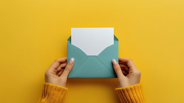 A womans hand holding a Blank white, mock up gift card or gift voucher in open turquoise blue envelope isolated on yellow background, minimal concept, 3D
