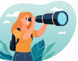 Happy woman holding huge tourists binocular and looking far ahead. Vector illustration for observation, discovery, future concept