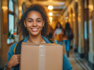 A cheerful student walks through a lively school corridor, holding a cardboard box and enjoying her school environment