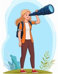 Happy woman holding huge tourists binocular and looking far ahead. Vector illustration for observation, discovery, future concept