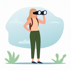 Happy woman holding huge tourists binocular and looking far ahead. Vector illustration for observation, discovery, future concept