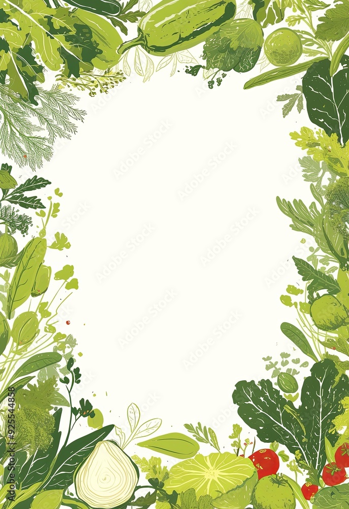 Poster vegetable border frame and white background, featuring vector illustration with center text and empt