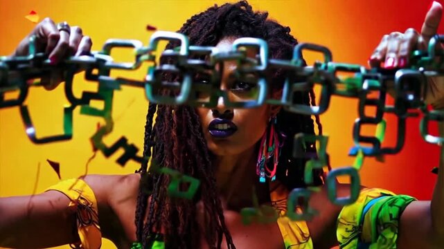 Strong powerful black woman breaking free from chains. Black history month, slavery, slave trade or abolition concept. Banner for juneteenth, black history month or keti koti. Freedom Day