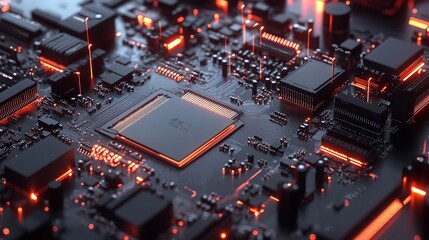 A futuristic microchip processor with lights on a blue background, representing a quantum computer and large data processing. The design includes an isometric view of the CPU and digital chip