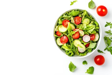 A vibrant mix of crisp greens, juicy cherry tomatoes, and sliced cucumbers arranged in a bowl, showcasing freshness and health