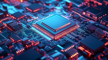 Fototapeta premium A futuristic microchip processor with lights on a blue background, representing a quantum computer and large data processing. The design includes an isometric view of the CPU and digital chip