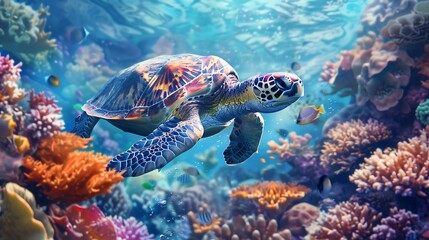 Fototapeta premium A sea turtle swims through a vibrant coral reef.