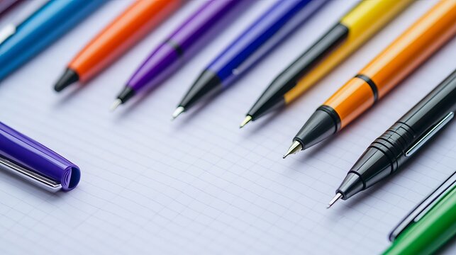A collection of ballpoint pens in various colors laid out on a notepad page. The image highlights different ink pens for writing, representing an office stationery concept.