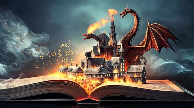 elegance paper cut craft style illustration enchanted magic fairytale book with fantasy scene pop up on page, a castle with dragon invade
