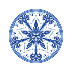 Blue Round pattern Baroque style. Handmade Ceramic from watercolor. Traditional tribal ornament. Round plate. Capri Maiolica