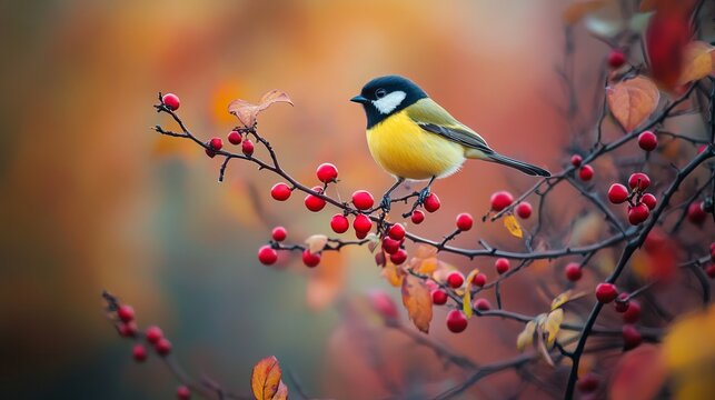 A great tit (Parus major) perched on a rosehip in autumn, surrounded by colorful fall nature. The small yellow bird is observing its surroundings from a bush with red berries
