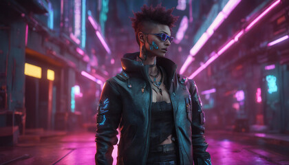 Obraz premium A 3D-rendered cyberpunk character standing in a neon-lit alley, with cybernetic enhancements