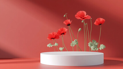 Round white podium stage featuring poppy flowers