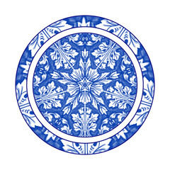 Blue Round pattern Baroque style. Handmade Ceramic from watercolor. Traditional tribal ornament. Round plate. Capri Maiolica