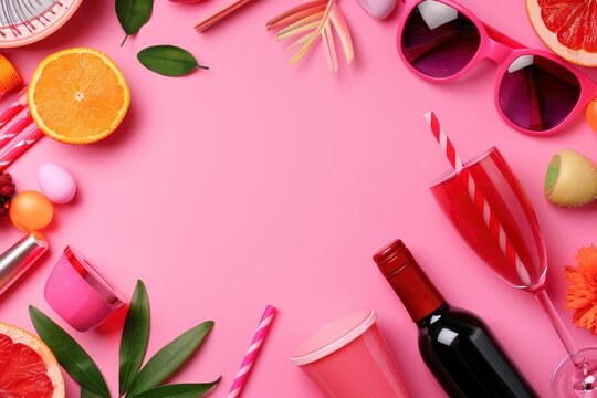 Girls' Party Accessories Over A Pink Background, Perfect For An Invitation, Birthday, Or Bachelorette Party