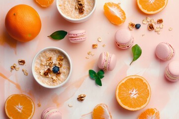 Minimalist flat lay of a modern morning breakfast with space for text. The scene features pastel-colored macarons, fresh orange slices, and delicate flowers on a light, sunny pastel yellow background.
