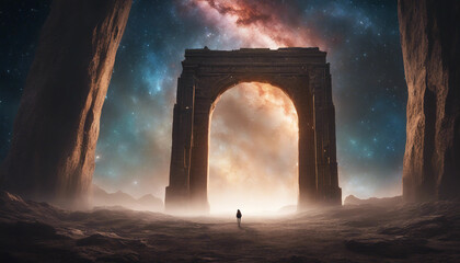 A massive, ancient gateway floating in space, surrounded by swirling stars and nebulae