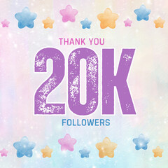 Thank you 20K followers and subscribers banner with colorful stars and texture