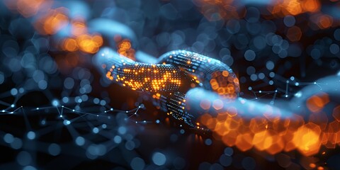 Blockchain technology concept with a glowing digital chain surrounded by a futuristic network of connections and bokeh effects in blue and orange tones