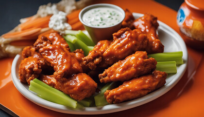 Fototapeta premium A platter of spicy buffalo wings, glistening in a rich, tangy sauce, served with celery sticks 
