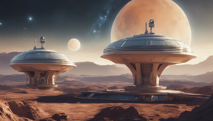A sleek, high-tech moonbase on the surface of an alien moon, with domed structures and observation