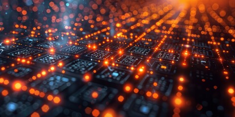 Fototapeta premium Abstract glowing network of microchips and circuits, illustrating advanced technology, data processing, and the concept of interconnected digital systems