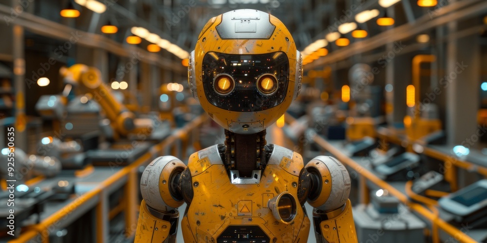 Poster humanoid robot standing in a high-tech factory surrounded by machinery, representing advanced roboti