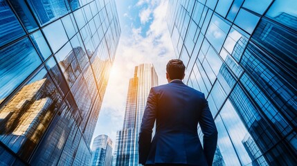 Ambitious Businessman Gazing at Urban Skyline, Symbolizing Corporate Growth, Success, Leadership, Innovation, and Financial Ambition