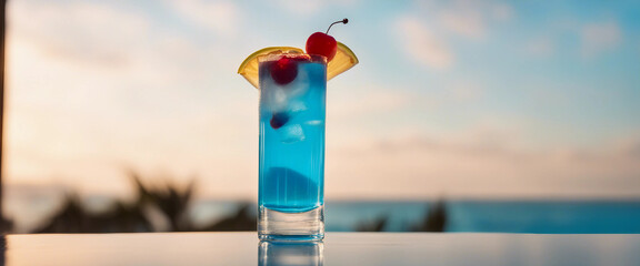 A tall glass filled with a striking blue cocktail, garnished with a slice of lemon and a cherry