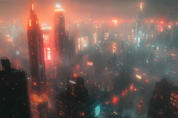 Fototapeta premium futuristic cityscape with towering skyscrapers flying vehicles and holographic billboards illuminating the night sky neon lights reflecting off sleek glass surfaces