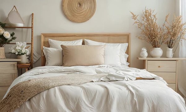 a bed with a white comforter and pillows