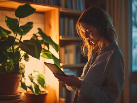 A photograph of a woman in a casual outfit reading from a tablet in an open-plan office, with colleagues working